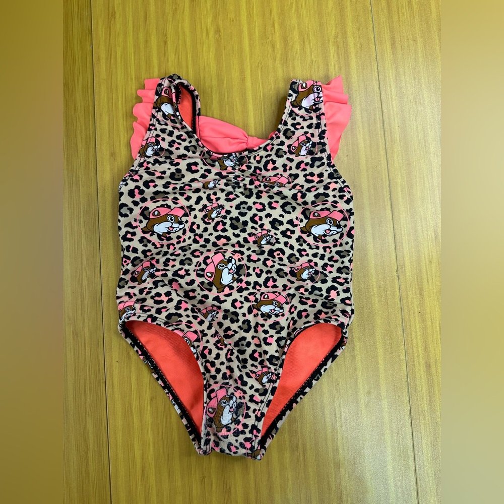 Buc-ees Leopard Animal Print Swimsuit Size 9-12 MO One Piece Ruffle Sleeve